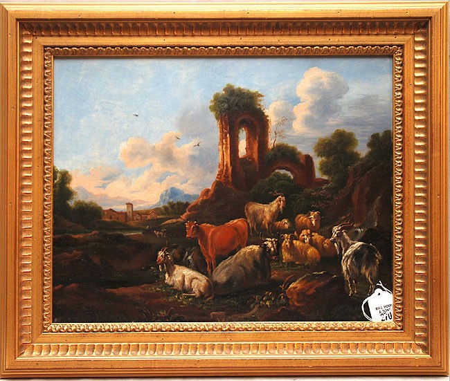 Manner of Rosa da Tivoli (Philip Peter Roos) Dutch: Manner of Rosa da Tivoli (Philip Peter Roos) Dutch/German 1655-1706, oil on panel animals in Landscape, 13"x16"