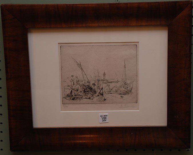 Auguste Brouet (FRENCH, 1872-1941) Etching & drypo: Auguste Brouet (FRENCH, 1872-1941) Etching & drypoint, "The net menders-cammes" c. 1918, 7"x 9"