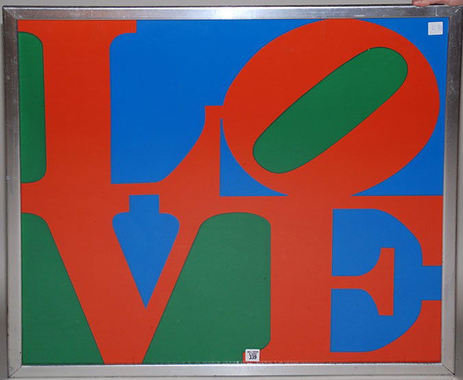 2 pieces sold together: Robert Indiana Prints: 2 pieces sold together: Robert (Robert Clark) Indiana (American 1928 - ) "Indiana Grafic" proof of his artwork for cover of book on his art published in Germany, approx. 8"x8", sold together with "LOV