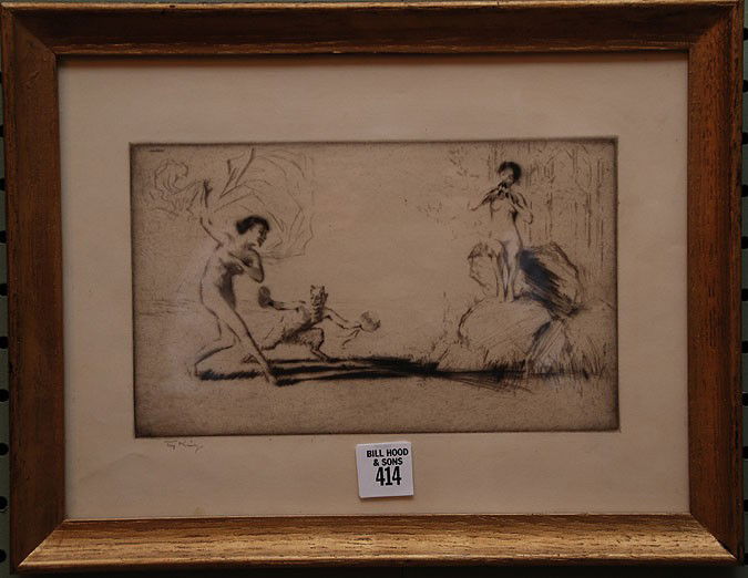 Troy Kinney (AMERICAN, 1871-1938) Etching "Allegro: Troy Kinney (AMERICAN, 1871-1938) Etching "Allegro, 1917, w/ nymph & satyr, image 9"x5"