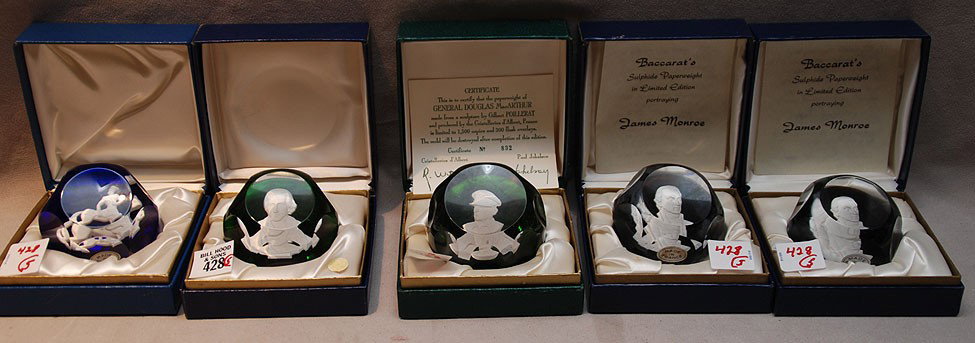 5 Baccarat Sulphide paperweights in original boxes: 5 Baccarat Sulphide paperweights in original boxes, incl; James Monroe (2), Andrew Jackson, mythological figure and General Douglas McArthur (by Gilbert Poillerat)