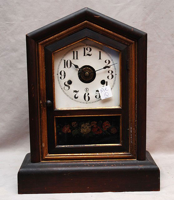 American wood case shelf clock with reverse painti: Early American, 19th c. Seth Thomas clock and alarm, clock chimes, alarm has bell, reverse painting on panel door
