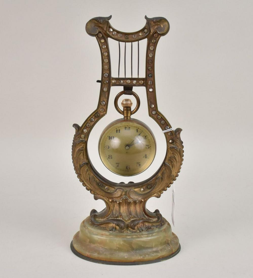 Glass Ball Clock w/ Bronze & Onyx Lyre-Form Stand - Hanging glass ball clock on a lyre-form stand. (1 of 6)
