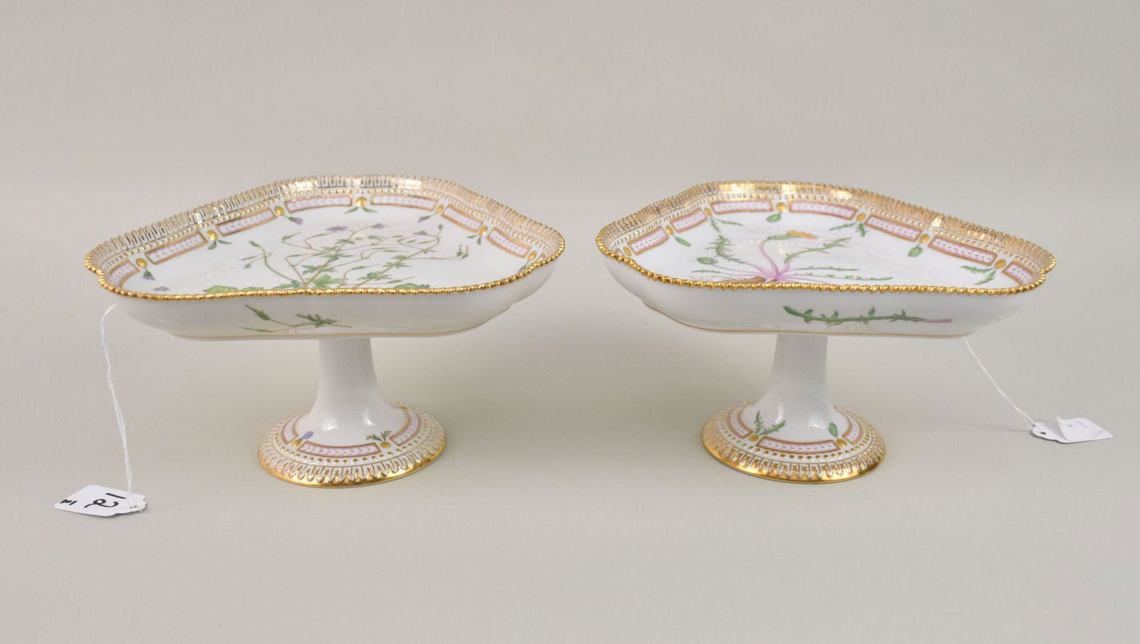 Royal Copenhagen Flora Danica Pair Triangular Compotes - Denmark. A) "Taraxacum palustre DC (1 of 10)