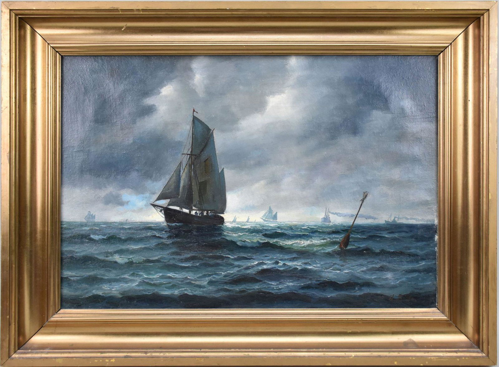 Vilhelm Victor Bille (Sweden 1864 - 1908) oil on canvas,  Seascape with sailing ships, signed lower (1 of 6)