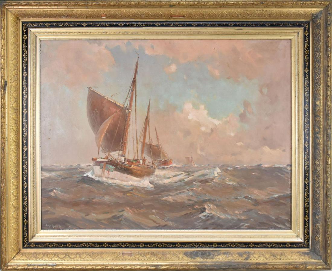 European School signed illegible. Winkler _____? , sailboats in rough seas, oil on masonite, 24 x: European School signed illegible. Winkler _____? , sailboats in rough seas, oil on masonite, 24 x 31-1/2 inches overall frame size 32 x 40 few losses to frame. some
