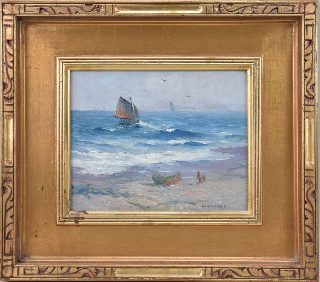 Signed LundMark, small sailboat scene, mid century, oil on board, 8 x 10 inches. Overall framed 15 x (1 of 5)