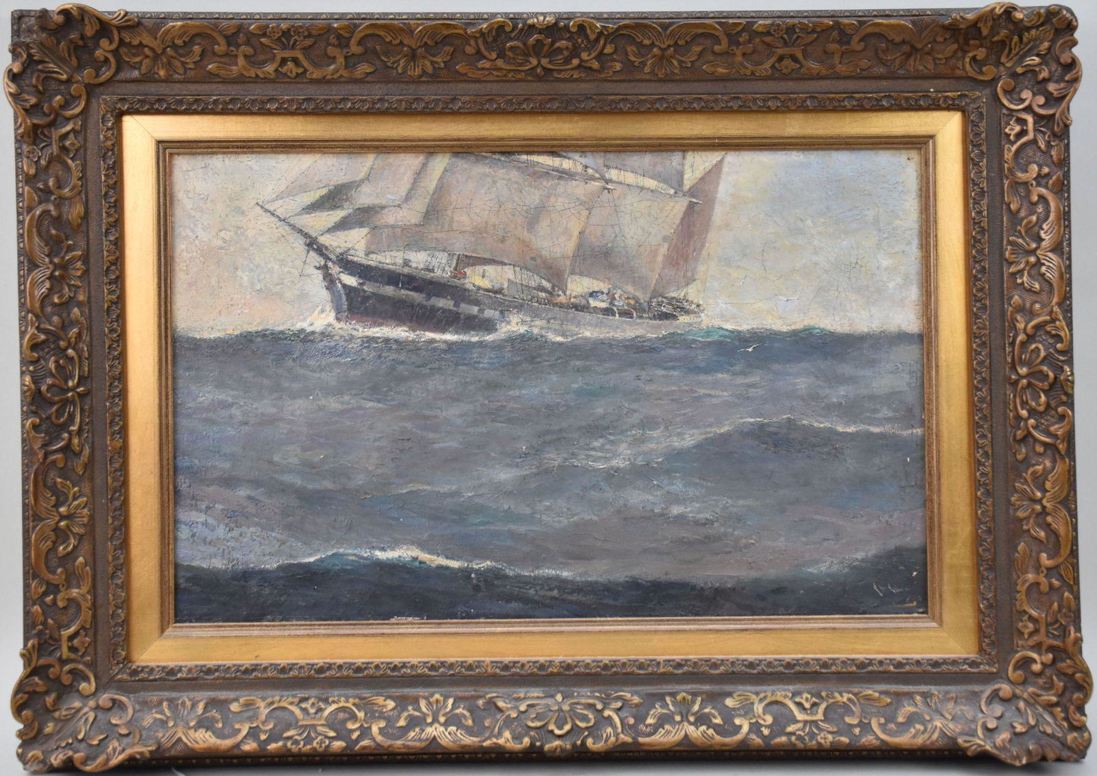 Antique Marine Painting signed illegibly, oil on canvas, 12 x 19 inches overall framed size 18 x (1 of 5)
