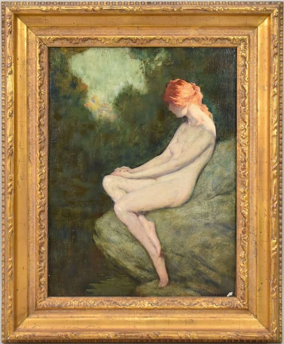 Warren B. Davis (1865 - 1928) oil on canvas, Nude with Red Hair, painting size approx. 16 x 12: Warren B. Davis (1865 - 1928) oil on canvas, Nude with Red Hair, painting size approx. 16 x 12 inches