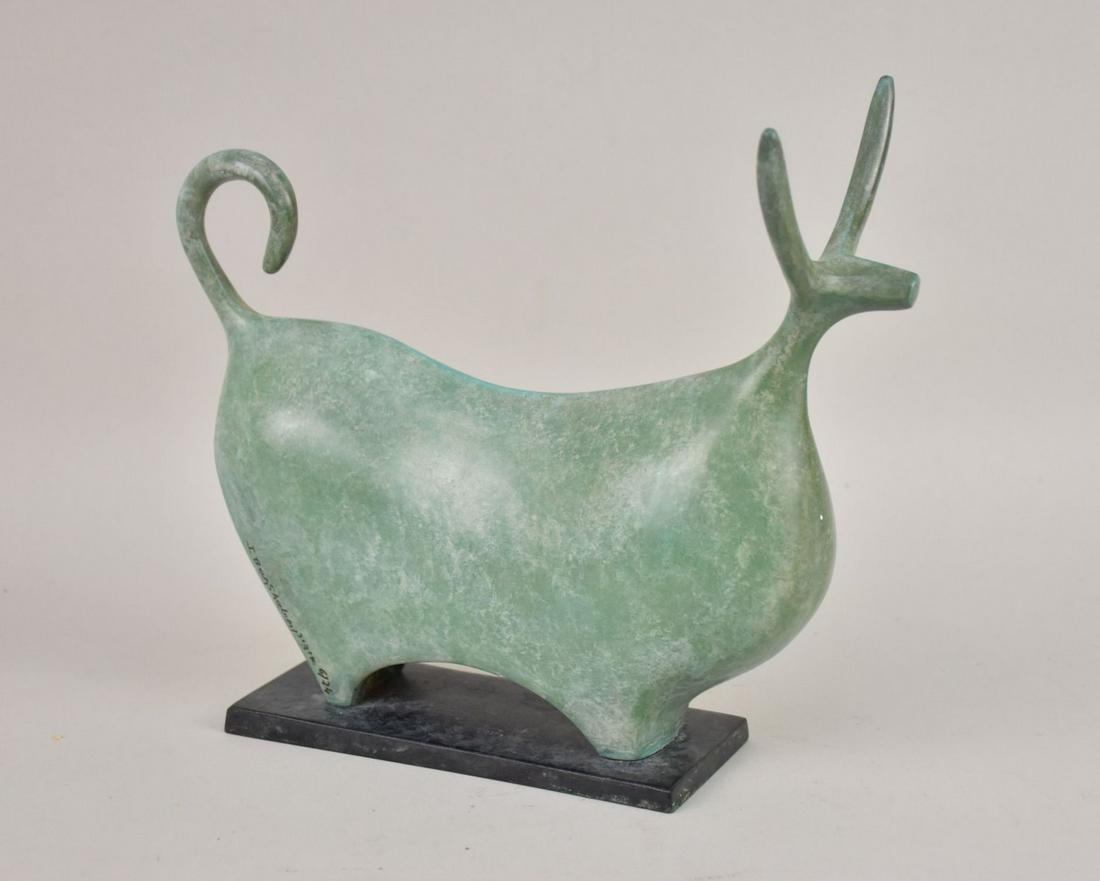 Itzik Benshalom (Israeli, 1945-2018)  Little Ferdinand Bronze Bull with green patina on steel plinth (1 of 5)