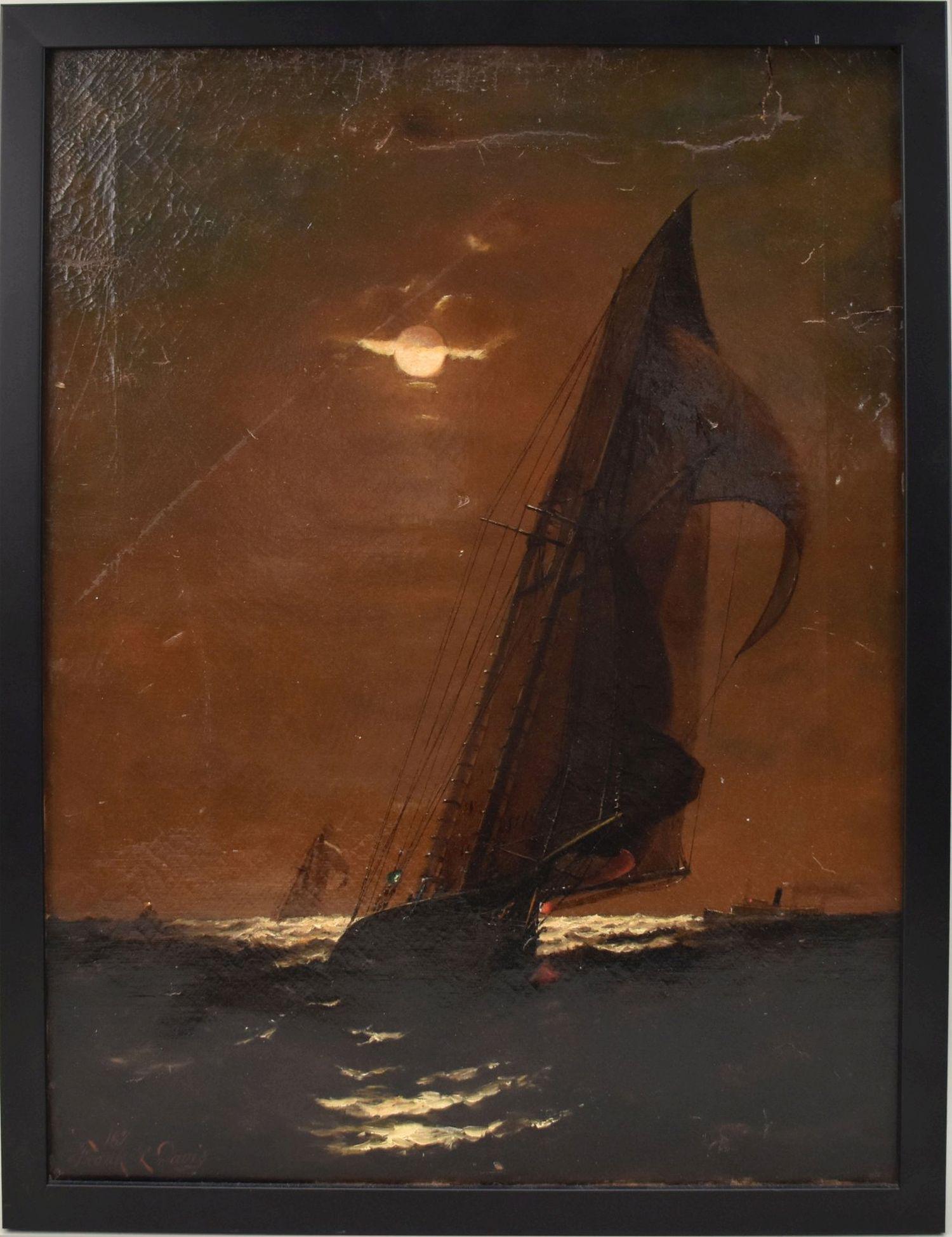 19th Century American School signed Frank Davis, oil on canvas, moonlight sailboat, 24 x 18 inches (1 of 6)