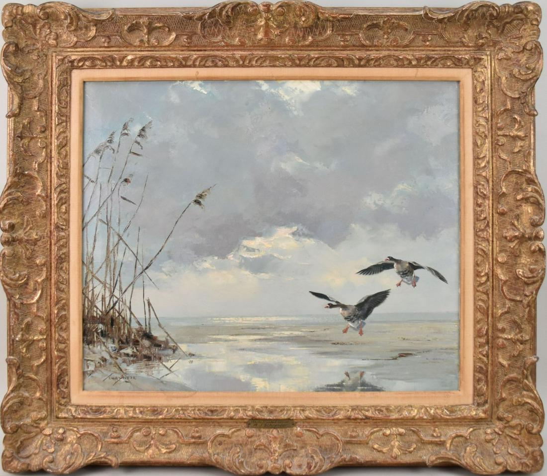 A.J. Schrynder Dutch ca. 1950s. Oil on canvas, White Breasted Geese, canvas 20 x 24 inches ornate (1 of 7)