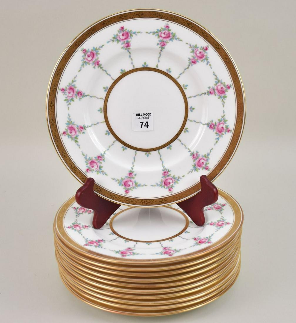 11 Minton Plates, Badgley & Co. Duluth, MN, pink flowers & gold border, 10" dia.: 11 Minton Plates, Badgley & Co. Duluth, MN, pink flowers & gold border, 10" dia.