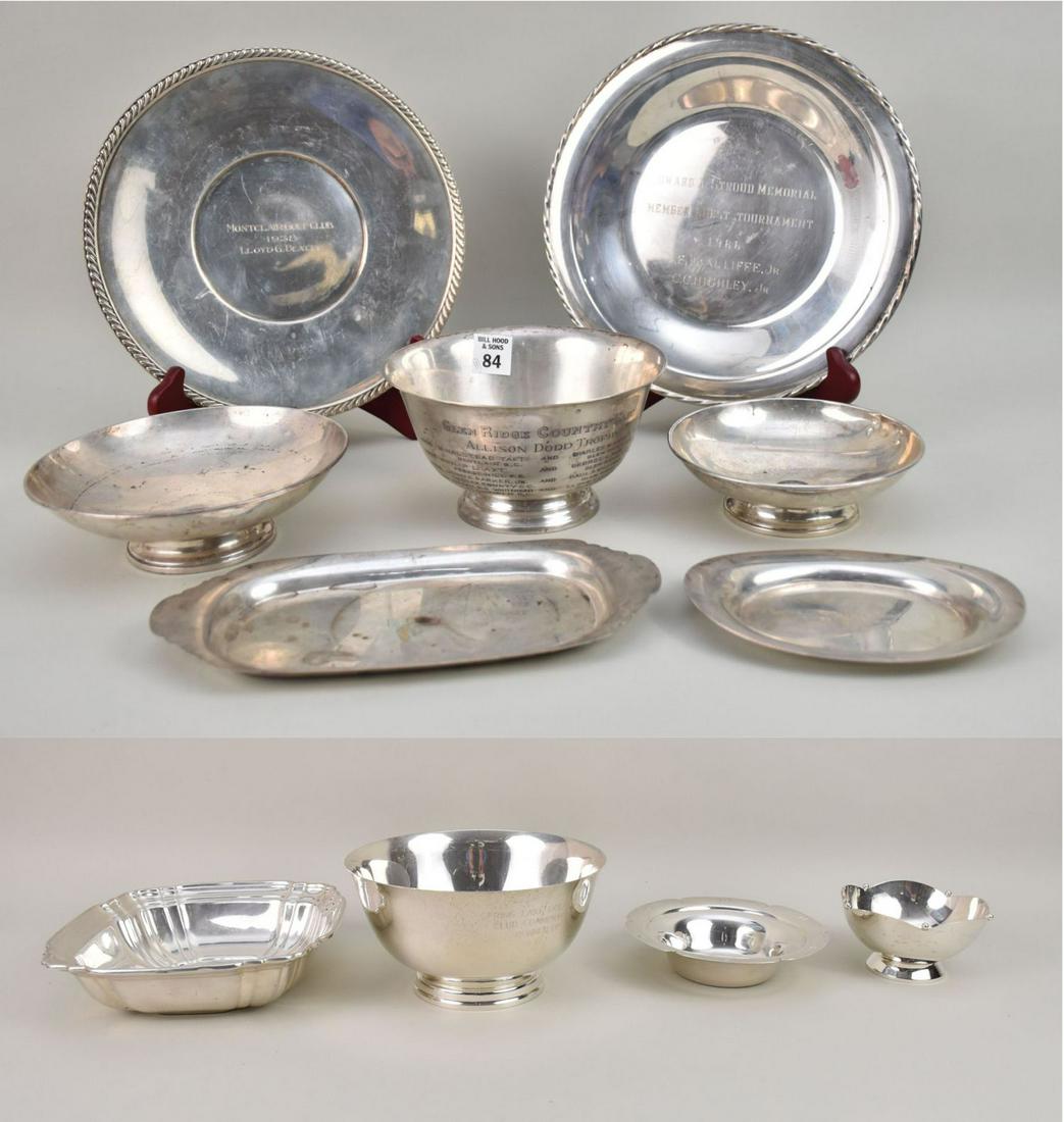 11 pcs. Sterling "Trophy" Bowls, Serving Dishes, Plates, 116 ozt (2 small weighted bowls) (1 of 14)