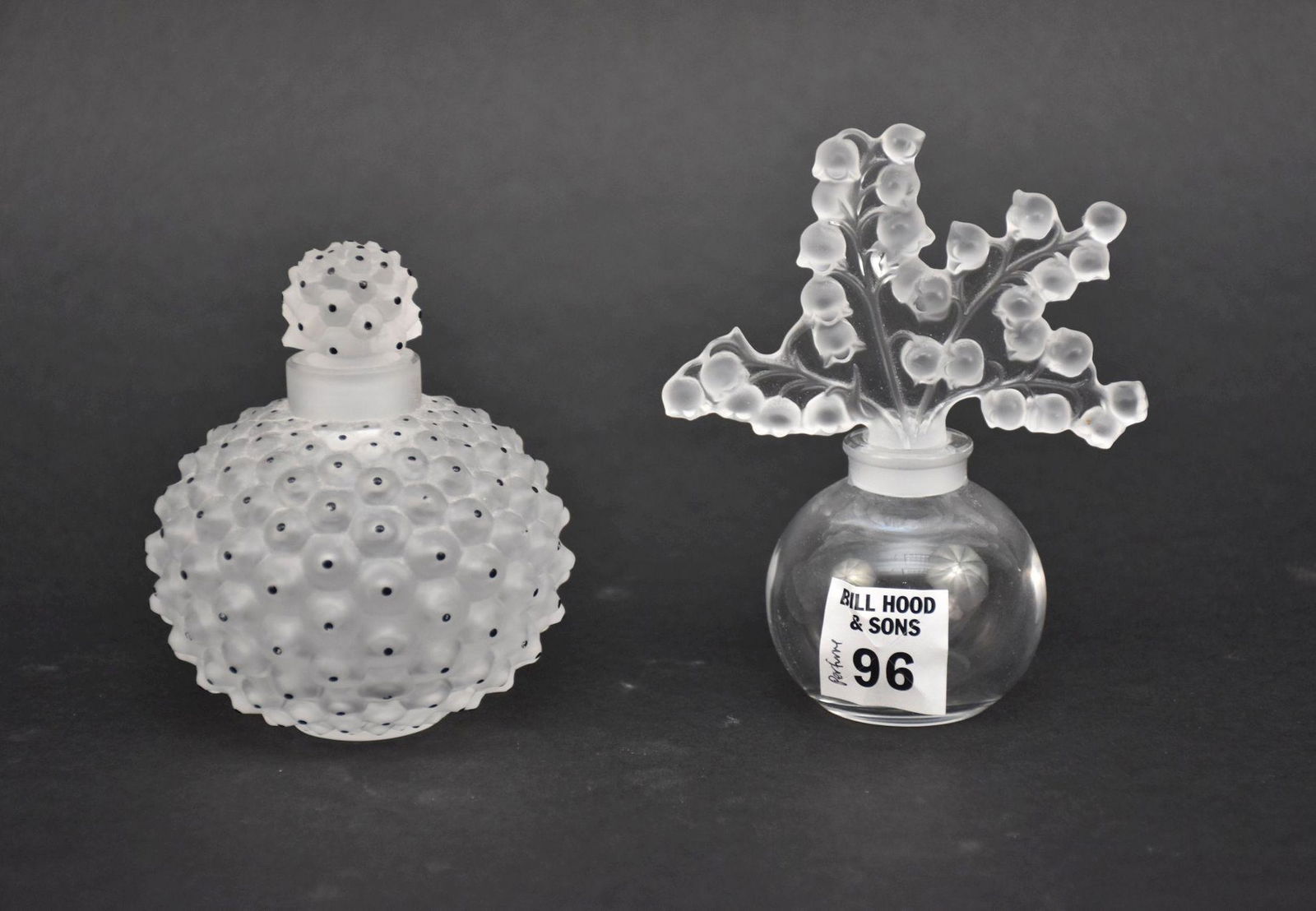 2 Lalique Perfume Bottles, Cactus 4"h (stopper stuck) & Clairefontaine, 5"h (1 of 3)