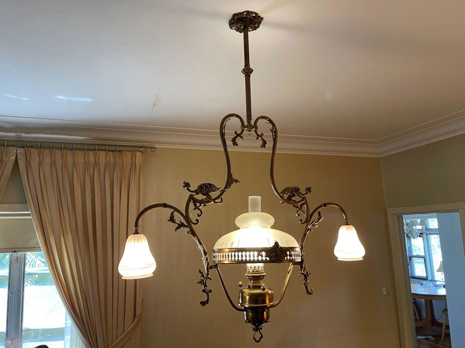 Antique Ornate Chandelier, Double Hanging Lights with Vines & Bird Motif, 52"h x 36 12"w (1 of 9)