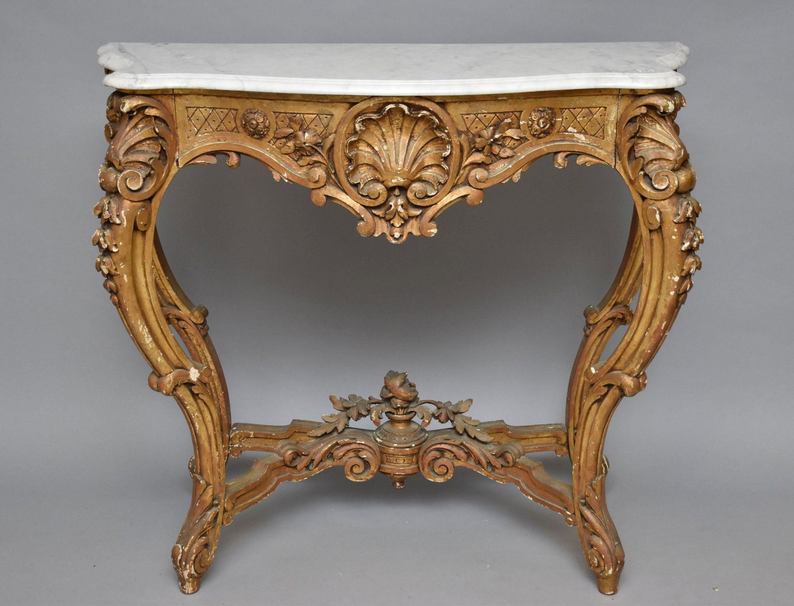 French Gilded Carved Console with White Marble Conforming Top, 39"h x 44"w x 20"d (shabby with (1 of 6)
