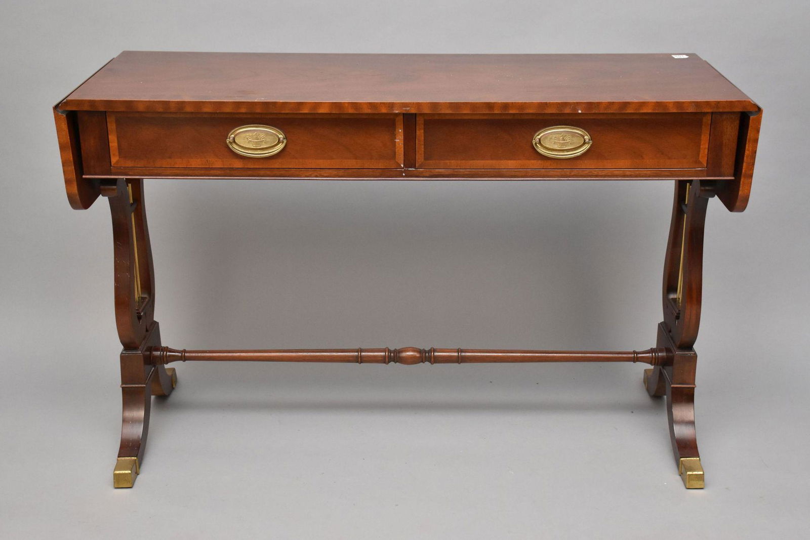 Mahogany Baker Sofa Table, Drop Leaves with 2 Side by Side Drawers on Lyre Supports, 28"h x 44"w x (1 of 7)