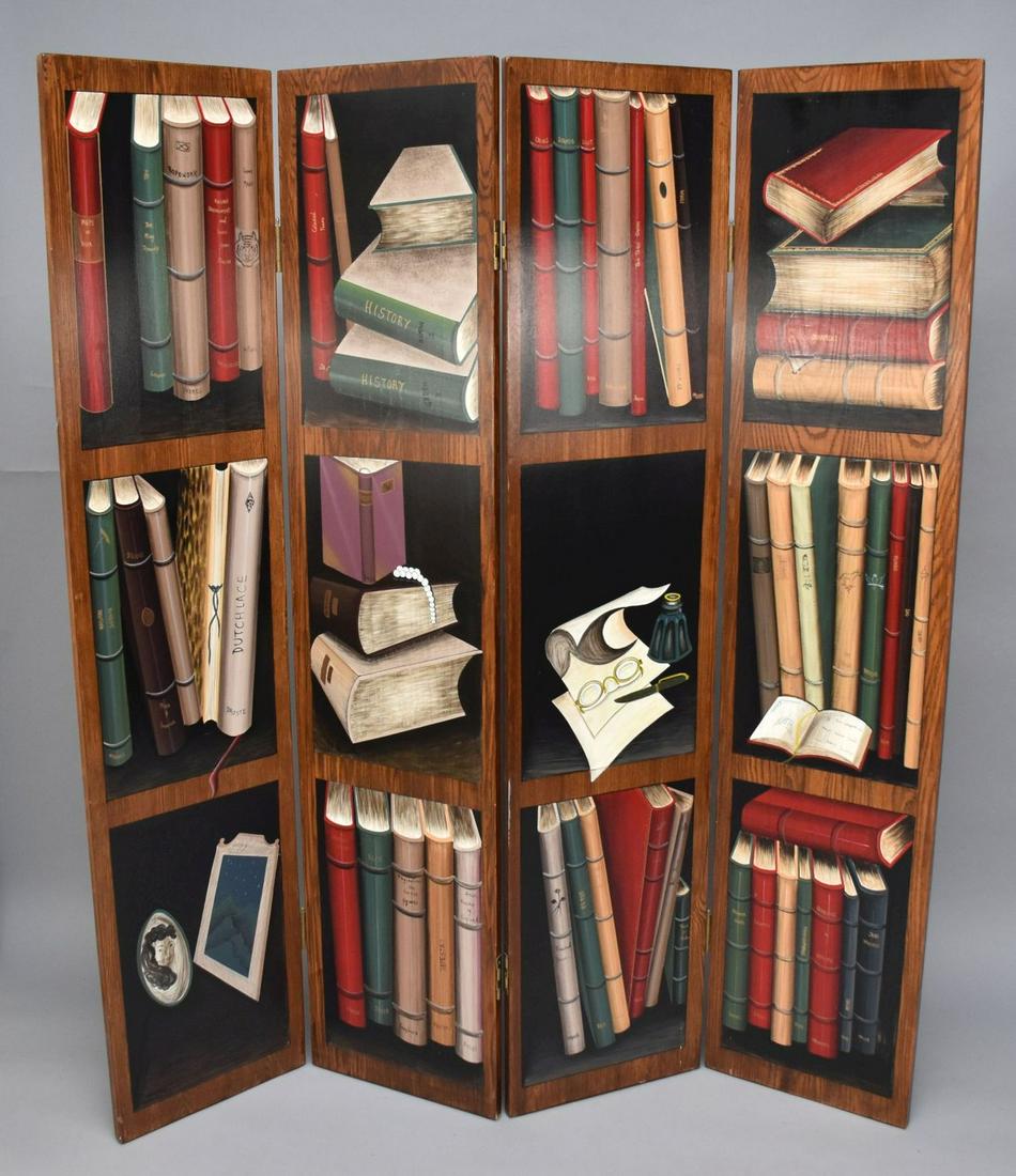 4 Panel Wood Screen with Tromp L' Oeil Book Design, 72"h x 15 1/4"w each panel (1 of 4)