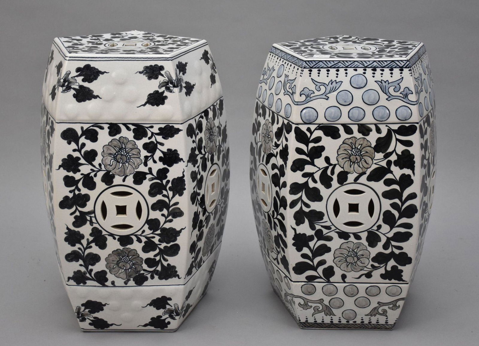 2 Ceramic Garden Seats, One Blue & Black,  one All Black, 19"h (1 of 3)