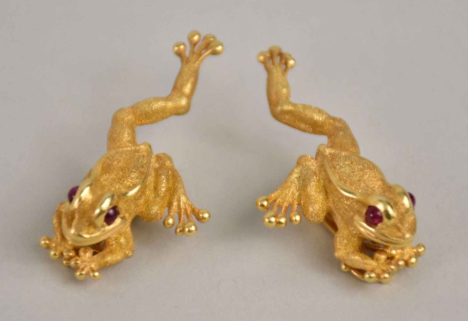 18K Yellow Gold Zadora Frog Earrings with Ruby Eyes. Clip-Ons weight 20.7 grams, Size 1.5": 18K Yellow Gold Zadora Frog Earrings with Ruby Eyes. Clip-Ons weight 20.7 grams, Size 1.5"
