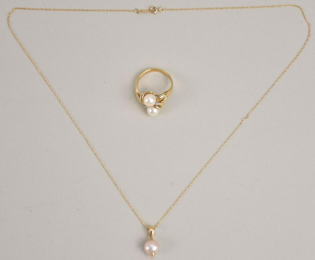 14K Yellow Gold Pearl Diamond Ring & Necklace. Ring Size 8, Necklace 18" pendant .5" weight 6.23 (1 of 3)