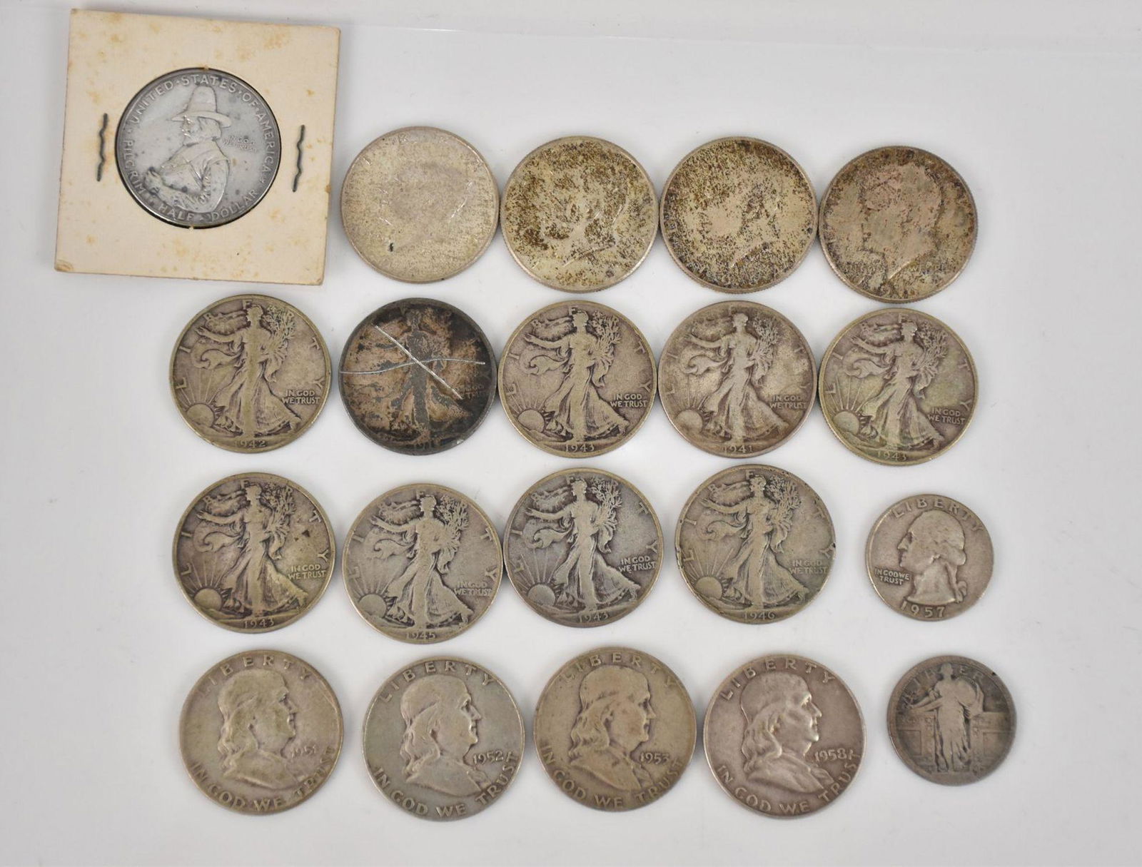 Mixed 90% Silver US Coins. Walking Liberty, Benjamin and Kennedy Pilgrim Celebration Half dollar. 1 (1 of 10)