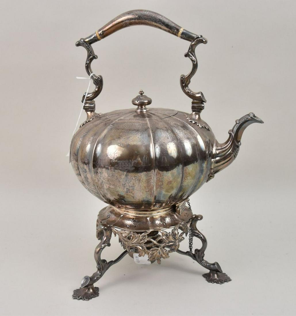 1840s Victorian English Sterling Gourd-Form Kettle on Stand - A gourd-form sterling tea kettle on a (1 of 6)