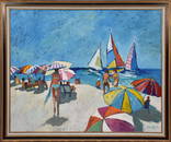 Dan Poole Beach Scene People, Umbrellas and Sailboats, oil on canvas, 40 x 50 inches