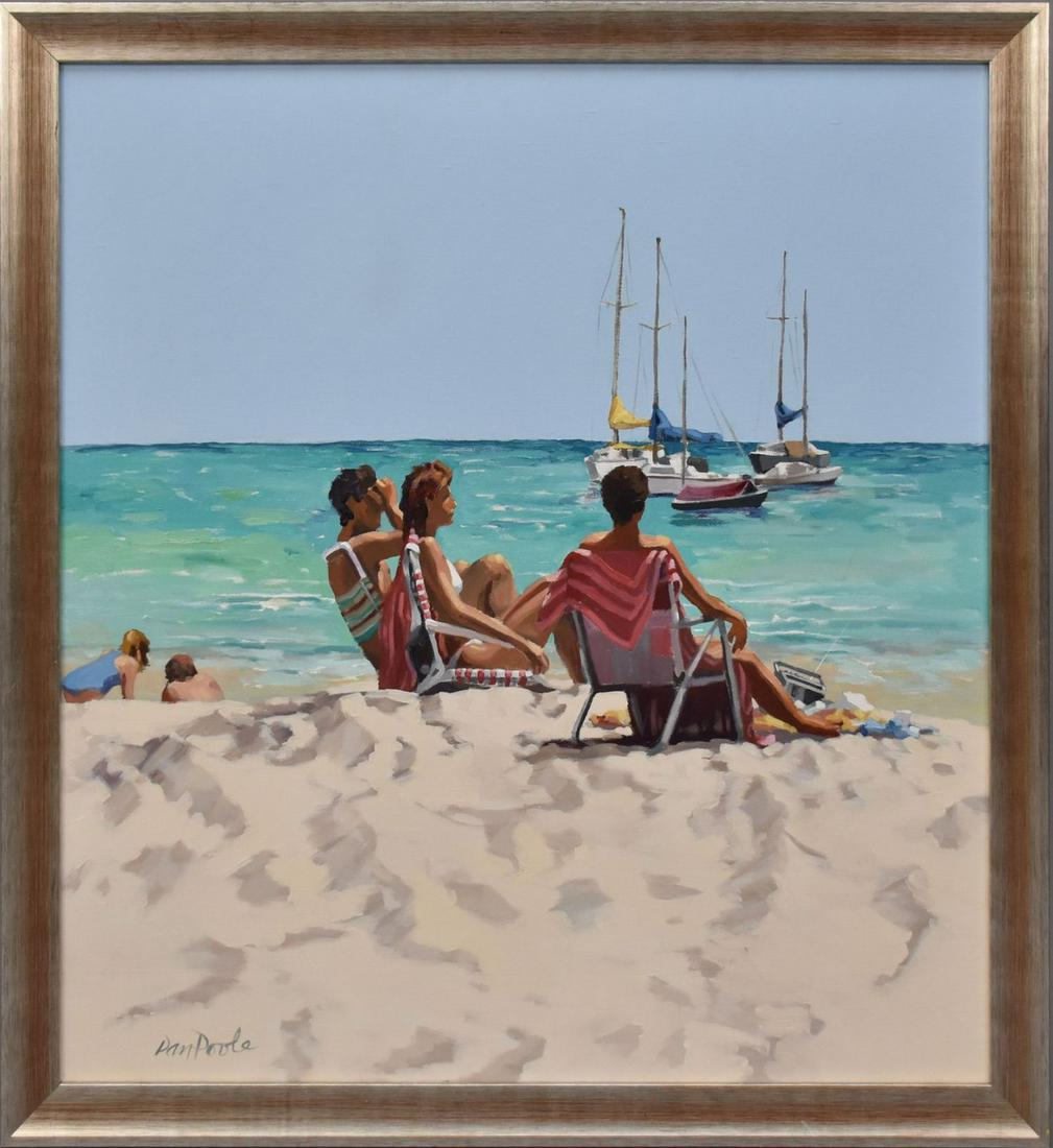 Dan Poole (AMERICAN, 1941) oil on canvas, Day at the Beach 36 x 34 inches: Dan Poole (AMERICAN, 1941) oil on canvas, Day at the Beach 36 x 34 inches