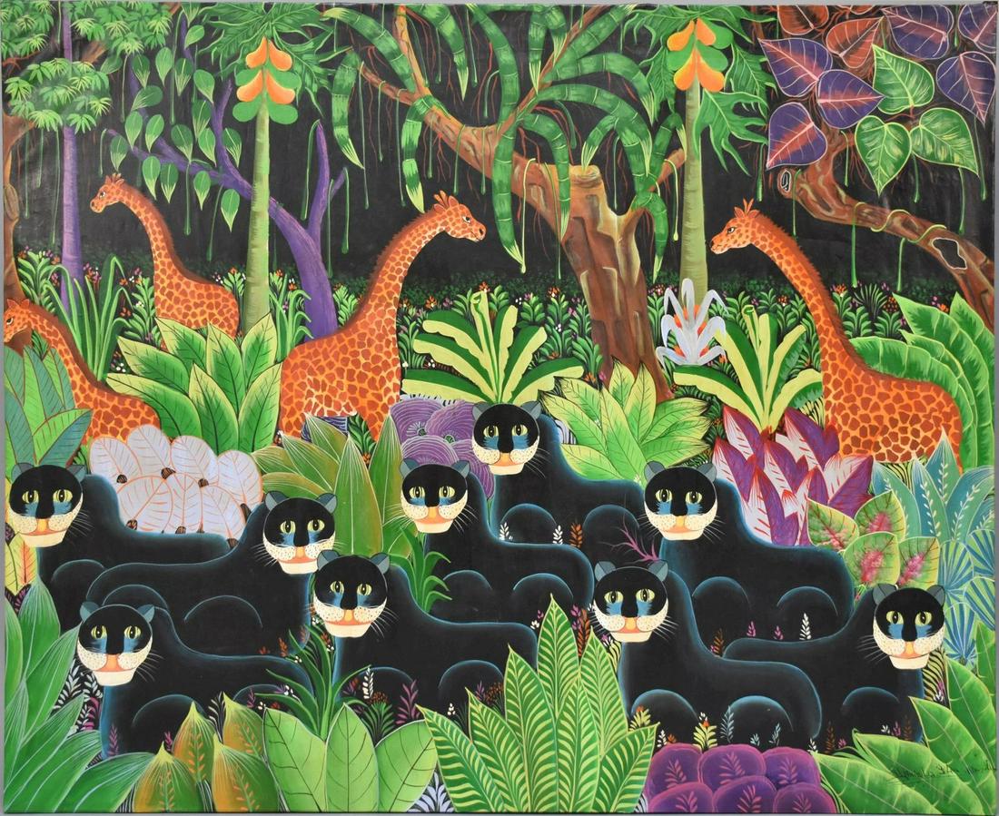 Large Haitian Jungle Scene Black Panthers. Oil on canvas 47 x 58 inches Daniela St. Louis ????? (1 of 6)