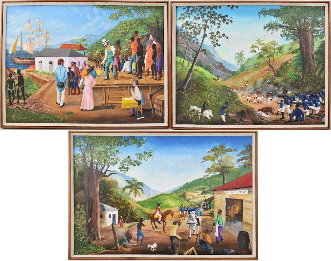 3) A. Russel Francois - Haitian Military Scene Paintings, , oil on canvas sizes 24 x 36, 24 x 30 & (1 of 15)