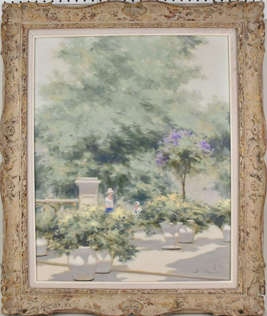 Andre Gisson (AMERICAN, 1921â€“2003) oil on canvas, "Mother and Daughter in the Garden" 30" x 24",: Andre Gisson (AMERICAN, 1921â€“2003) oil on canvas, "Mother and Daughter in the Garden" 30" x 24", overall 37" x 31", minor tear near bottom that does not impact image