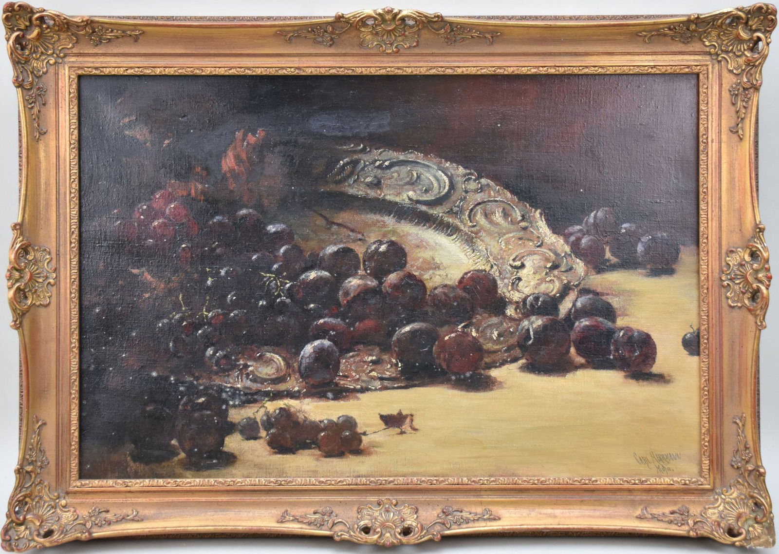 Carl Gustav Herrmann (1857 - 1939) oil on canvas, Still life Grapes, canvas size 16-1/2 x 25-1/2 (1 of 4)