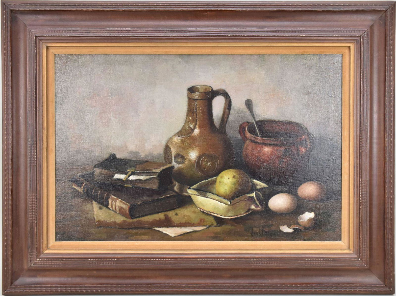 HENK BOS (DUTCH, 1901-1979) STILL LIFE.  Oil on canvas, Old stone bottle, Books, and Eggs, signed 16 (1 of 6)