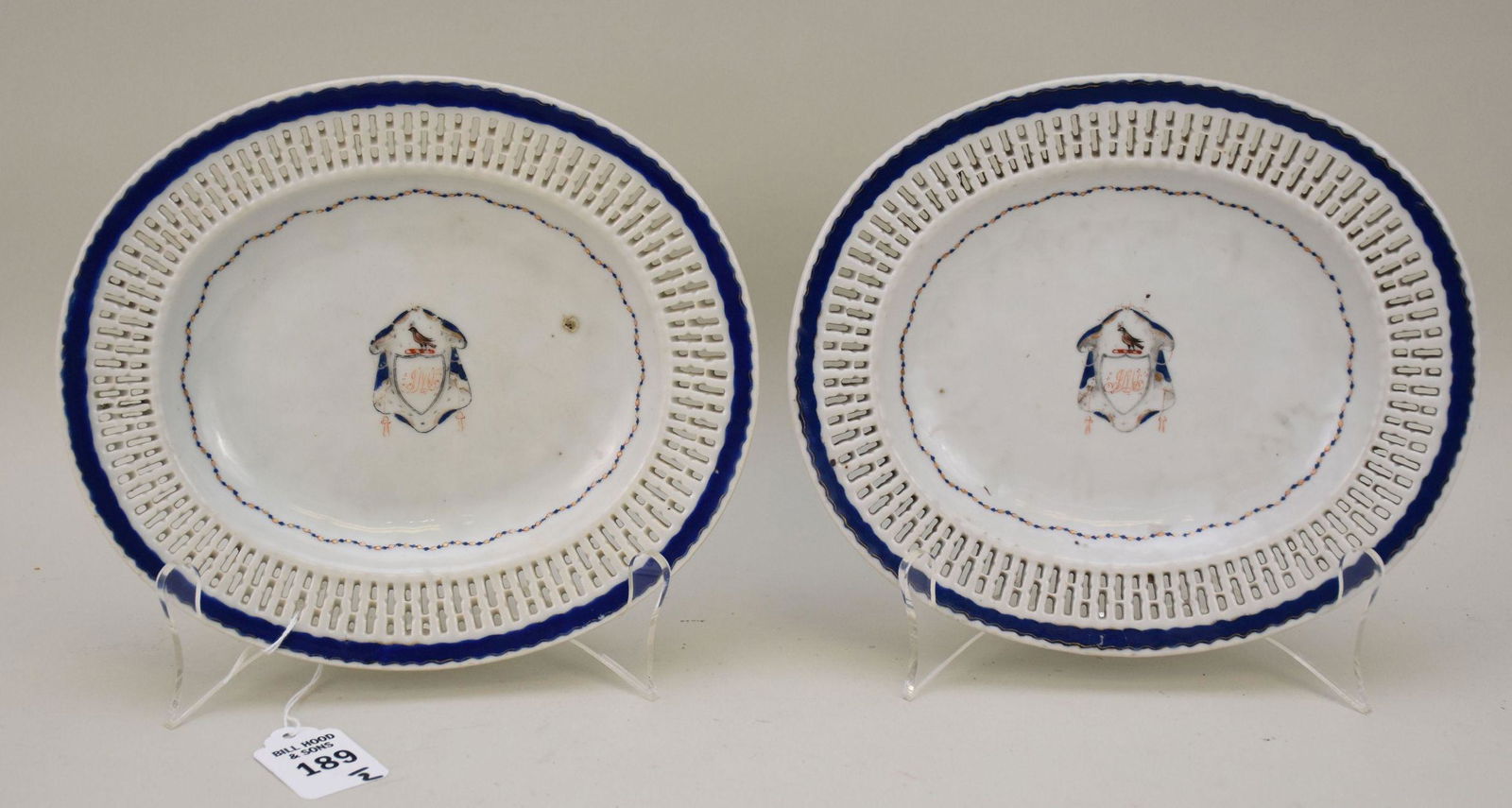 Pair Chinese Export Armorial Porcelain Reticulated Dishes - A pair of oval-shaped dished with (1 of 6)