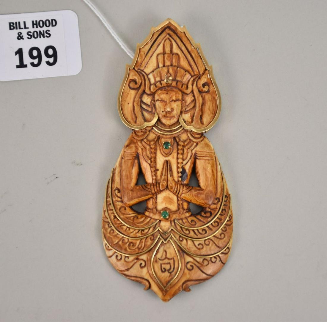 14K Yellow Gold Bone Buddha with Emerald Pendant. Missing one stone. 4.5" x 2": 14K Yellow Gold Bone Buddha with Emerald Pendant. Missing one stone. 4.5" x 2"