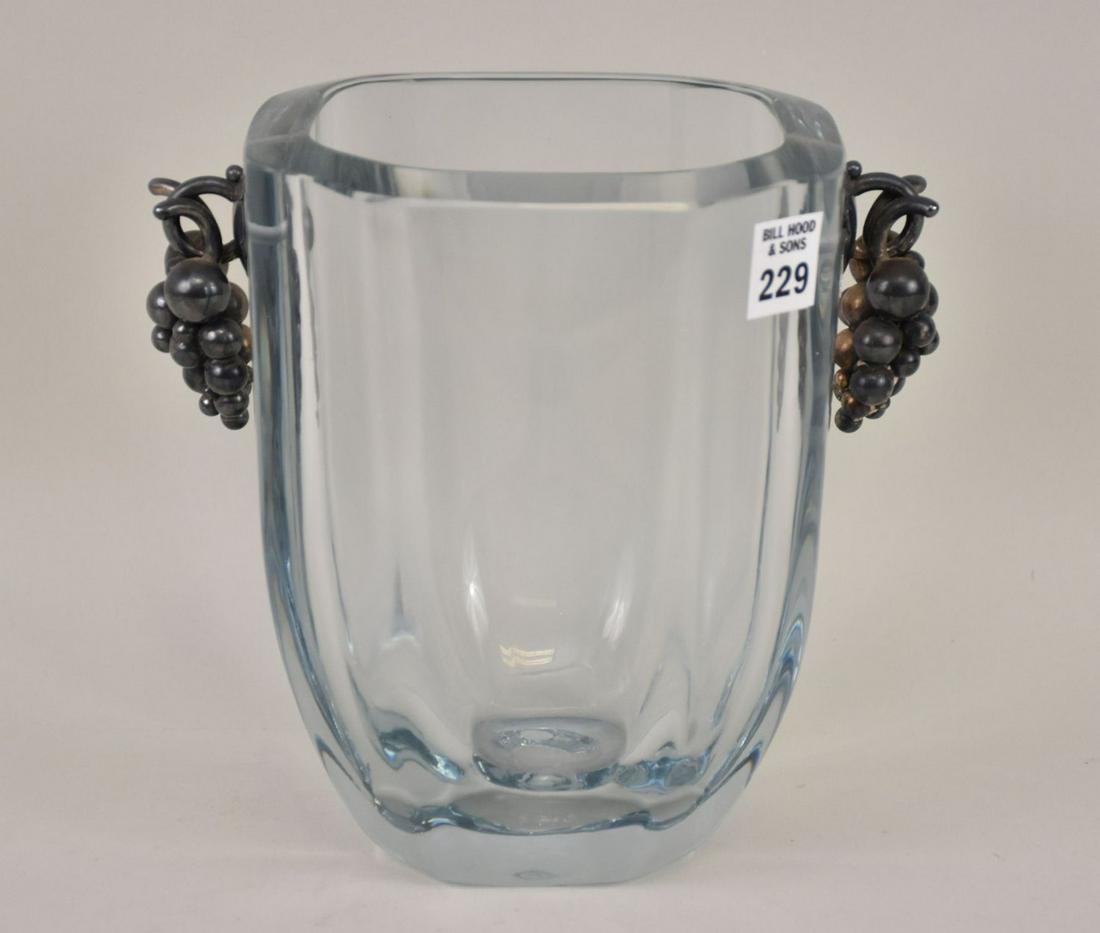 Art Deco Scandinavian Strombergshyttan Glass Vase w/ Sterling Grapes -  C. 1930s. A thick (1 of 4)