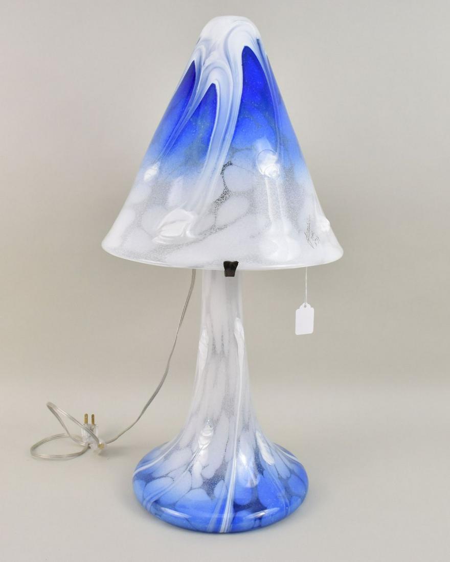 Jean-Luc & Stephane Gambier French Art Glass Lamp - 2002. A blue and white mushroom-form art glass (1 of 7)