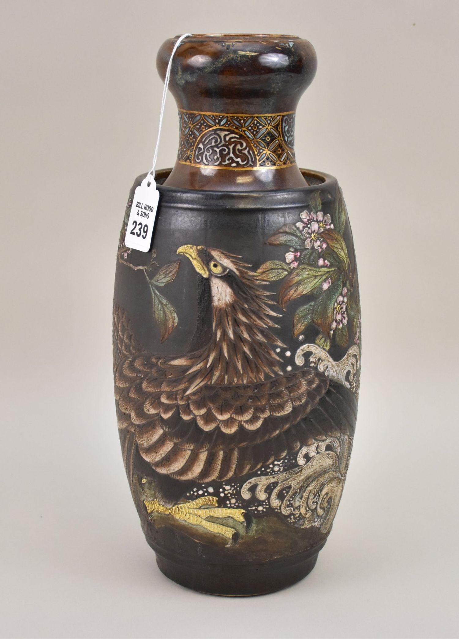 Japanese Enameled Pottery Vase with Eagle & Birds - A pottery vase with an ovoid body featuring (1 of 8)