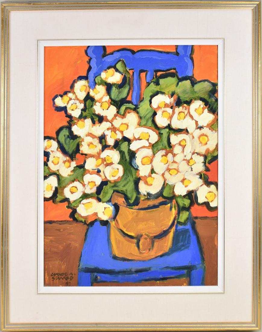 Claude Simard (Canadian, B. 1943) oil on canvas, Floral 18 x 24 reverse signed and titled: Claude Simard (Canadian, B. 1943) oil on canvas, Floral 18 x 24 reverse signed and titled