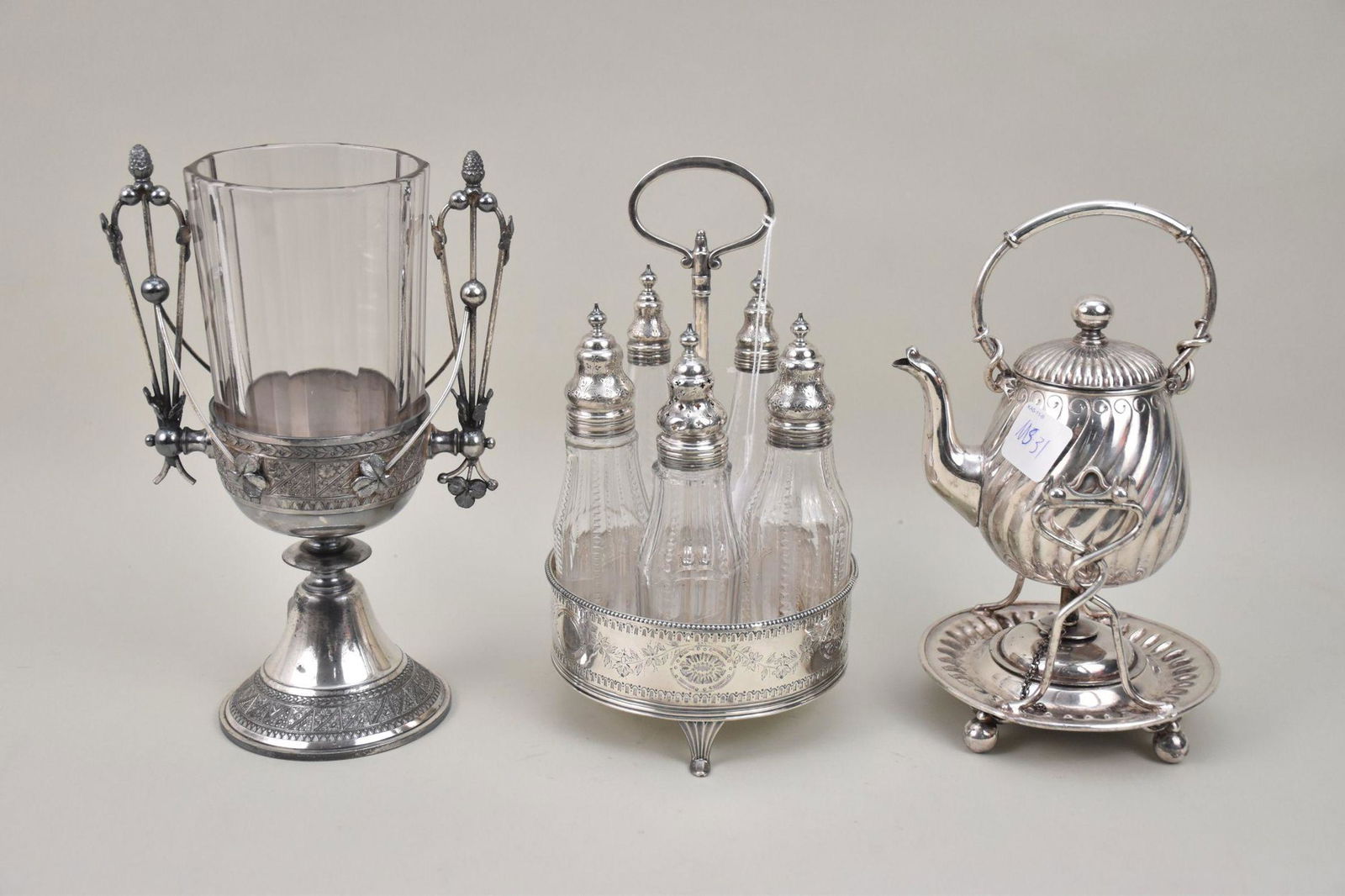 3 pcs. Victorian Silverplate Table wares, 1887 Teapot on Stand, Cruet Set Original 6 Matching (1 of 4)