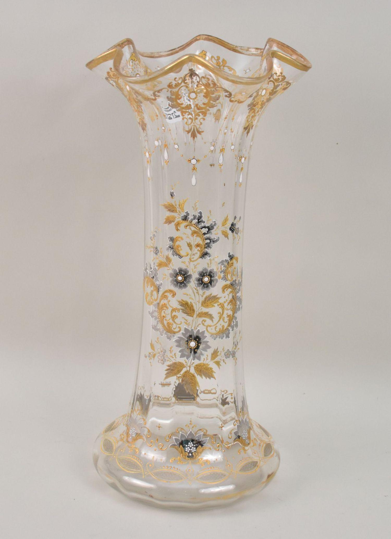 19th c. Glass  Ruffled Rim Vase with Gold  & Silver Enameling, 17"h (1 of 5)