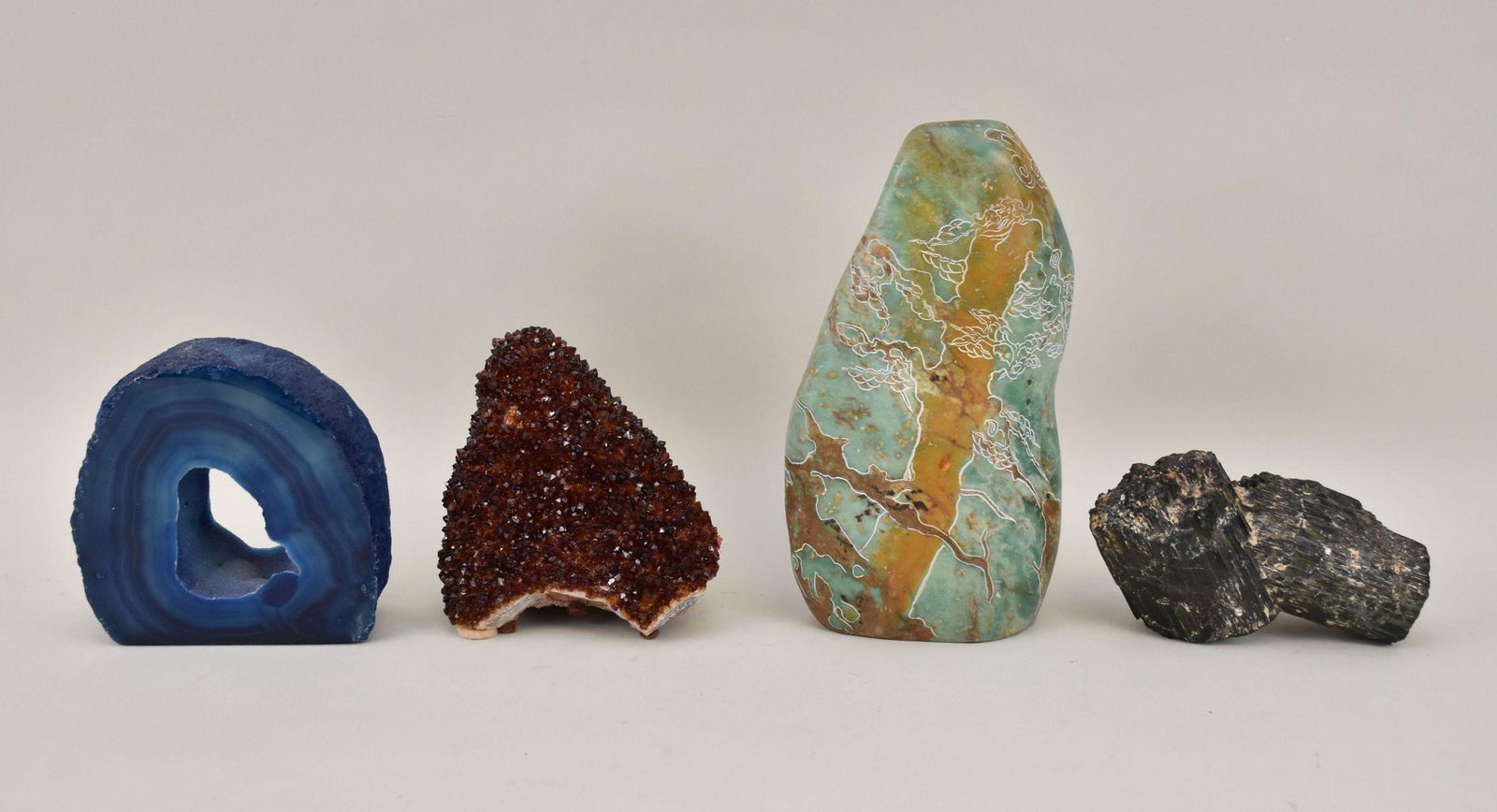 Group of Four Stone Specimens and Stone Art - Group includes: A) a signed Japanese carved stone (1 of 7)