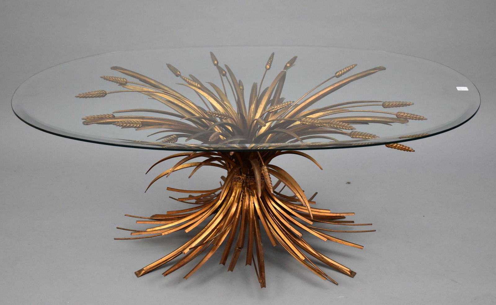 Mid Century Gilt Metal Wheat Form Coffee Table Base with Glass Top, Base 16"h x 24"w, Glass approx. (1 of 4)