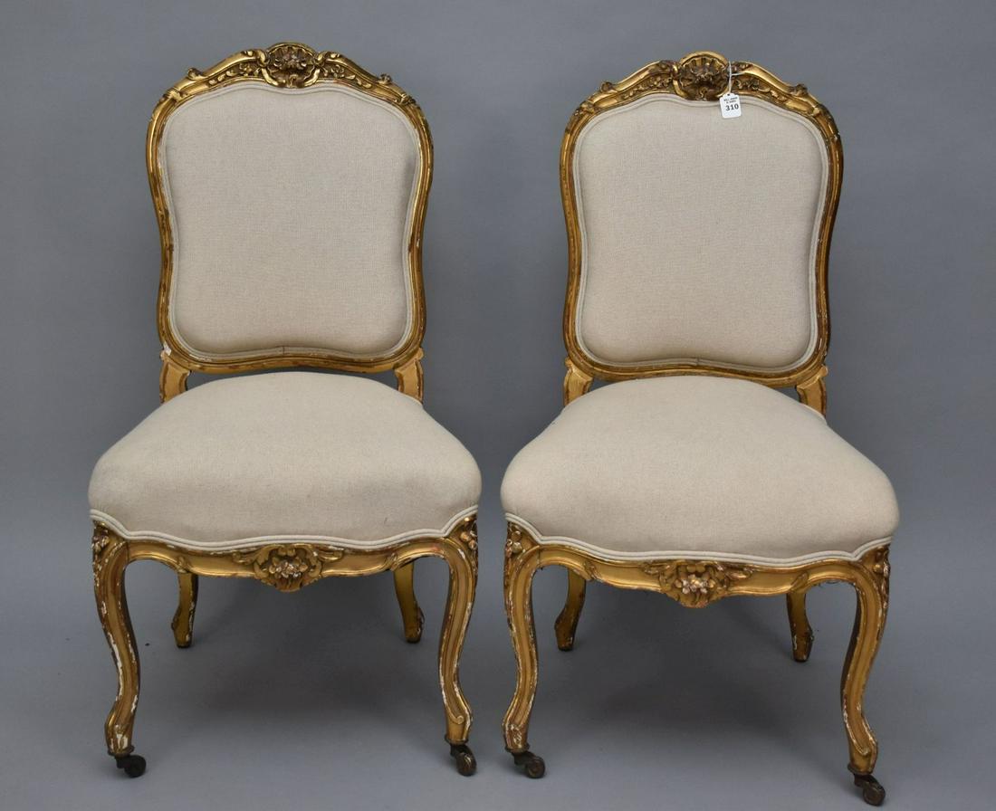 Pair Gilded Carved Side Chairs, Neutral Color Upholstery (1 of 6)