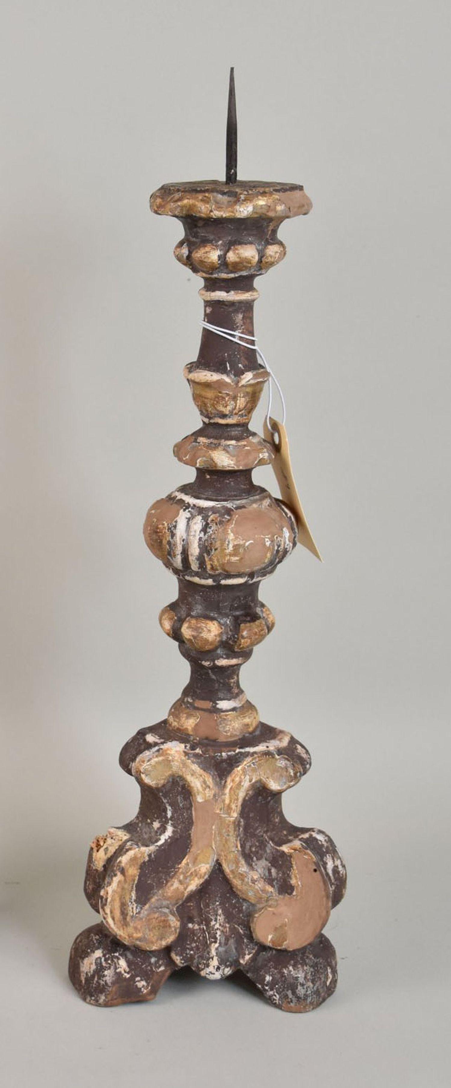 Italian 16th Century Hand Carved & Painted Gilded Wood Pricket Candlestick, Measures 15.7 in. High. (1 of 4)