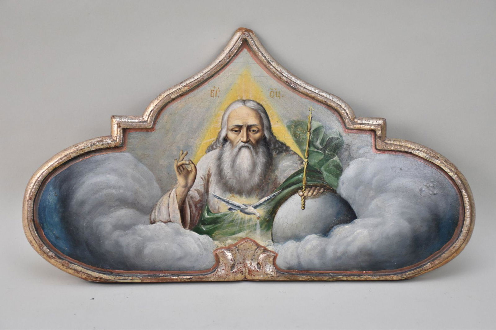 19th Century Russian Orthodox Icon, God The Father, Oil On Carved And