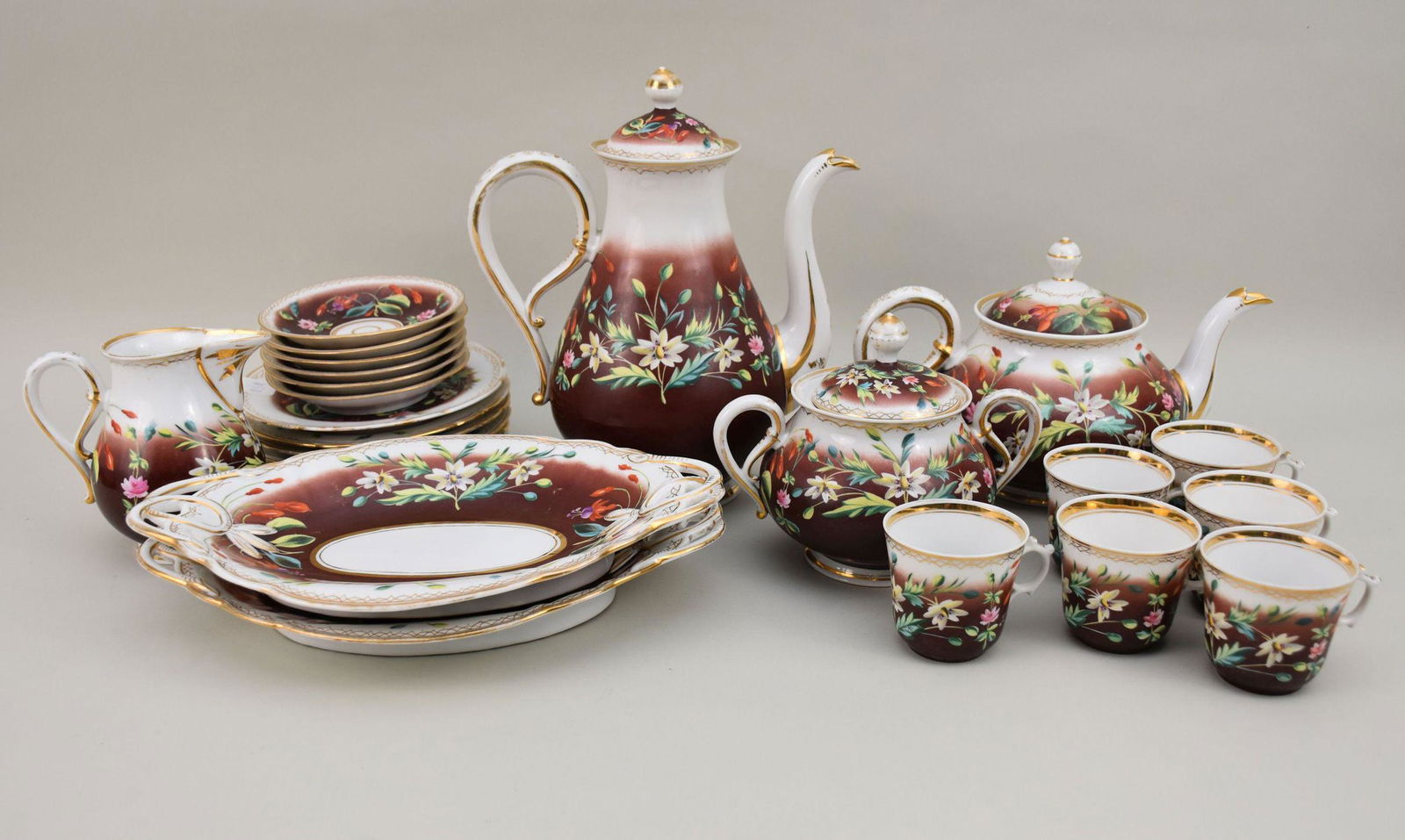 24 Pc. Dessert/Tea Service, Brown with Floral Design on White Ground (1 of 4)