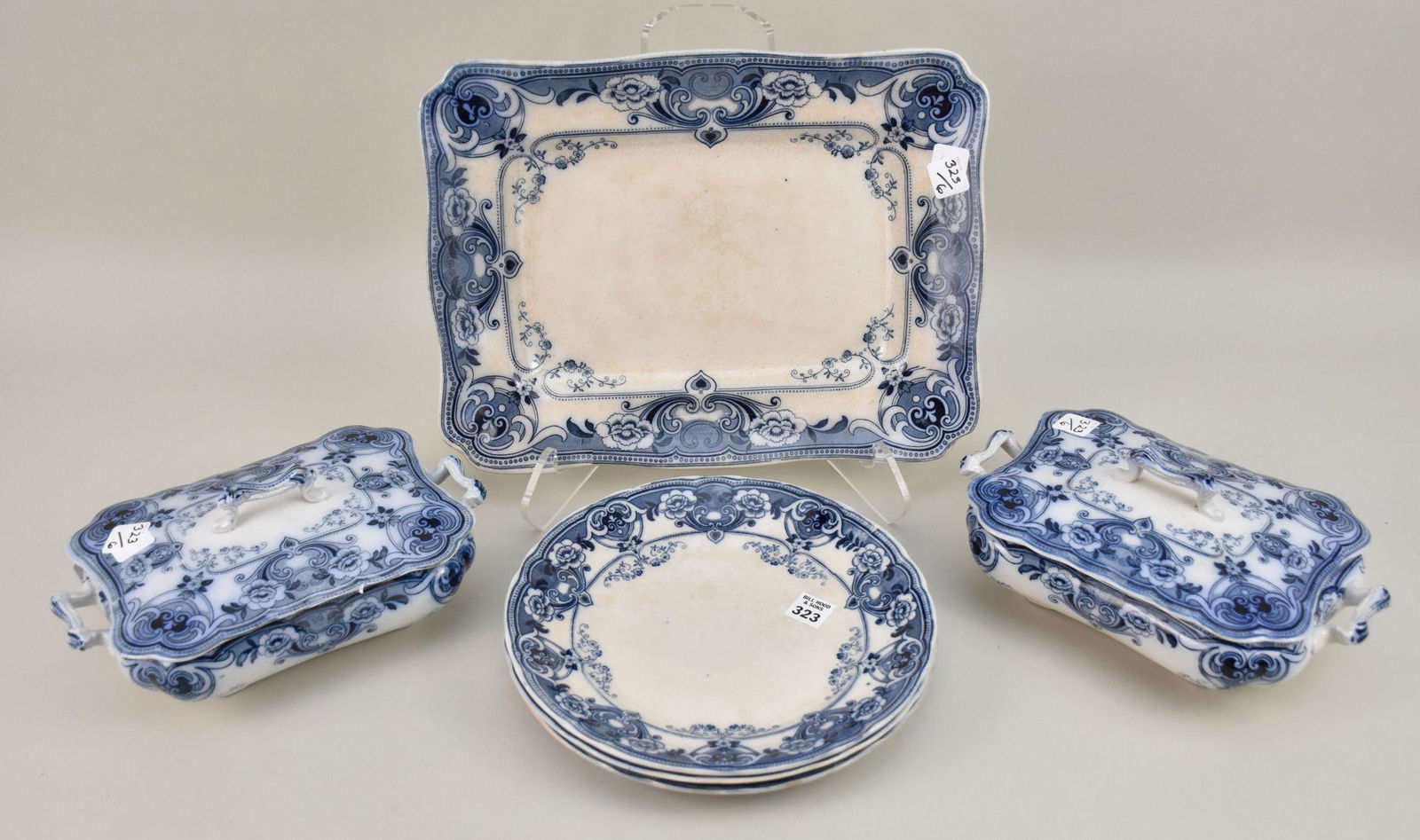 6pc. Burlsem Ltd, Circa 1900, Transferware, Devon, 2 covered Tureens, Rectangular Platter (15"w) and (1 of 4)